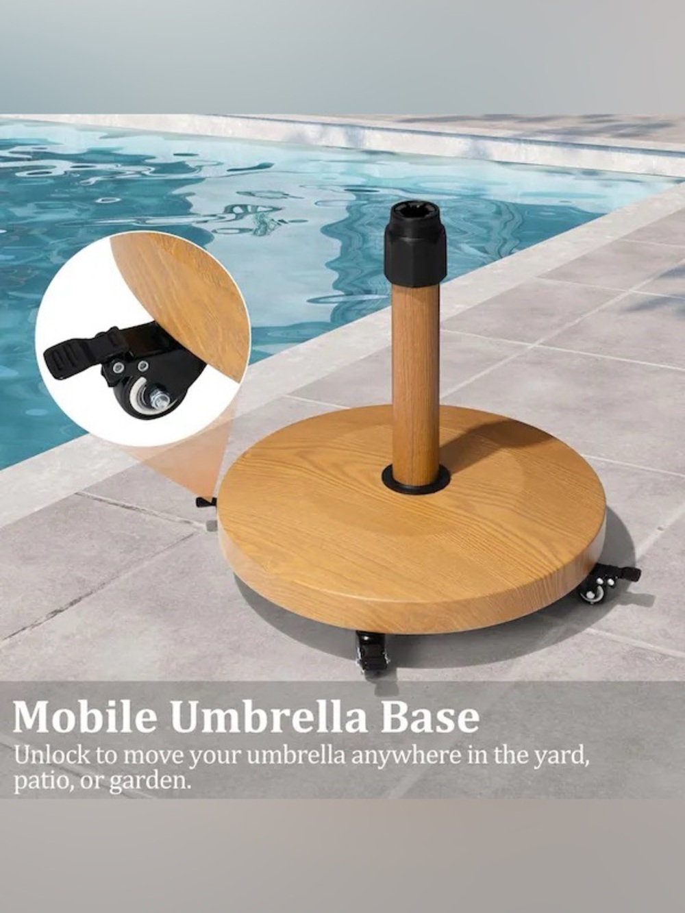 45LBS ROUND CEMENT CONCRETE PATIO UMBRELLA BASE IN ECHO TEAK WOOD WITH WHEELS❗️